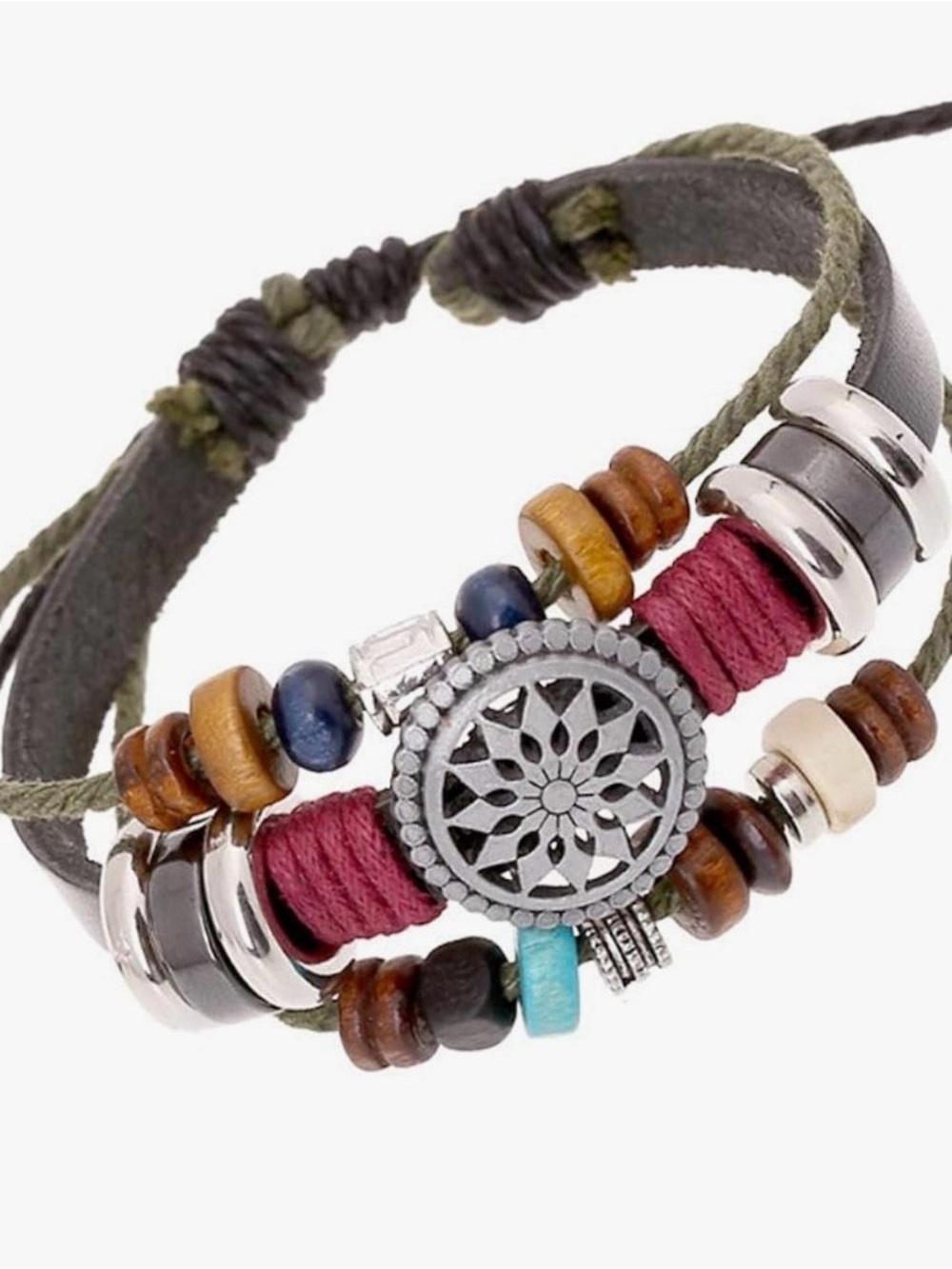 Boho Multi-Strand Beaded Leather Bracelet with Maroon Cord
